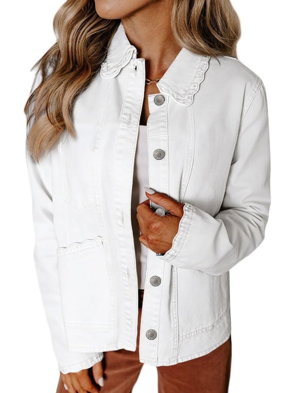 Women's White Long Sleeve Button Down Denim Casual Jean Jacket Shacket